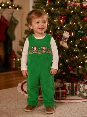 Velani Classics Kelly Green Corduroy Santa Rudolph Reindeer Smocked Overalls 6M